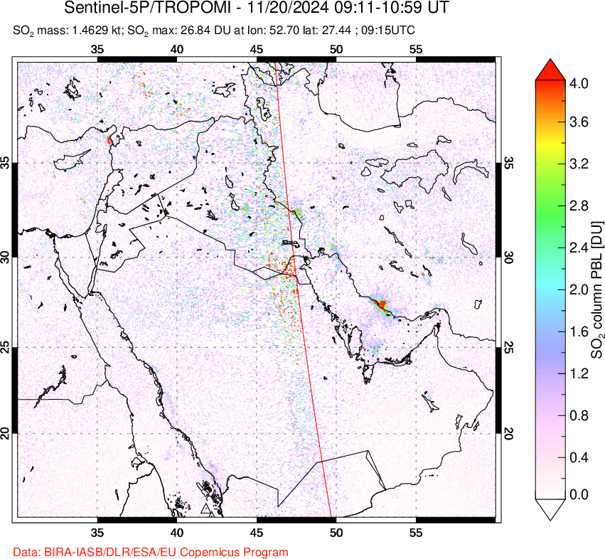 A sulfur dioxide image over Middle East on Nov 20, 2024.