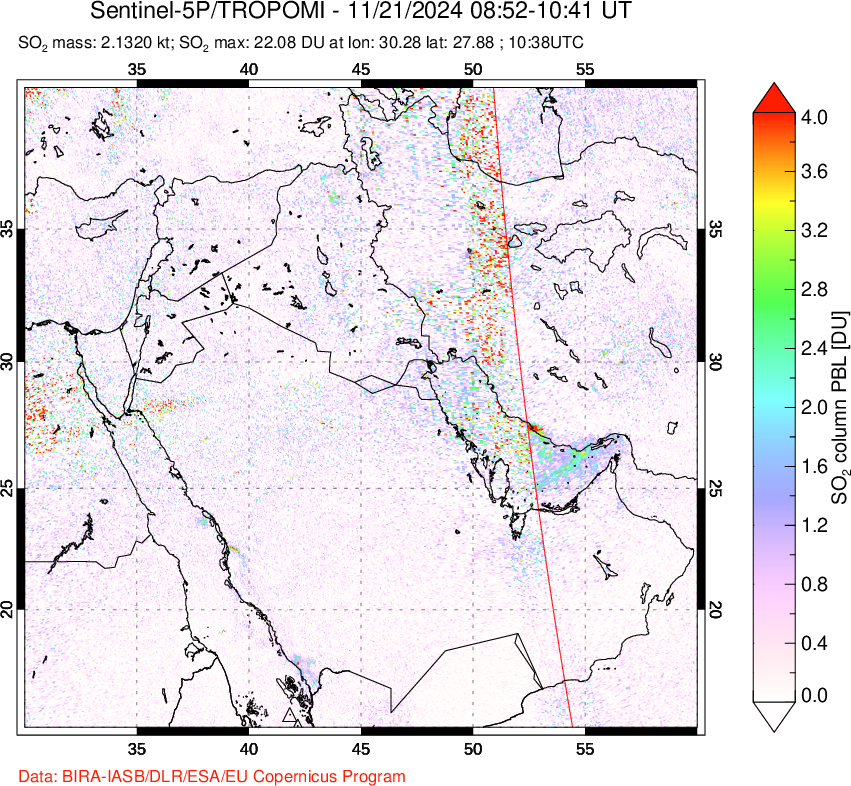 A sulfur dioxide image over Middle East on Nov 21, 2024.