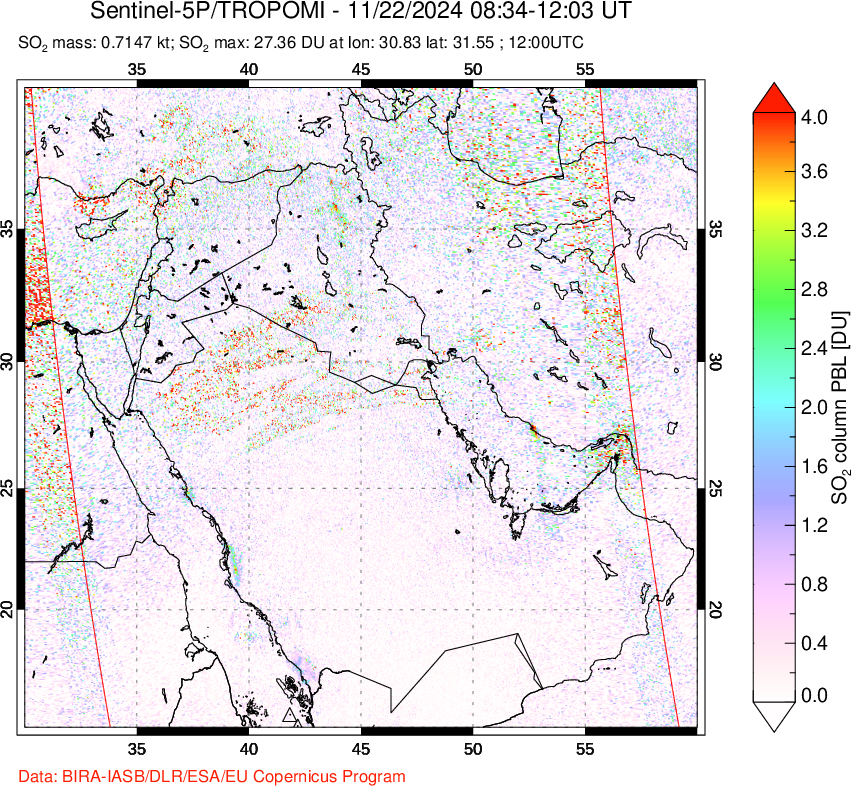 A sulfur dioxide image over Middle East on Nov 22, 2024.