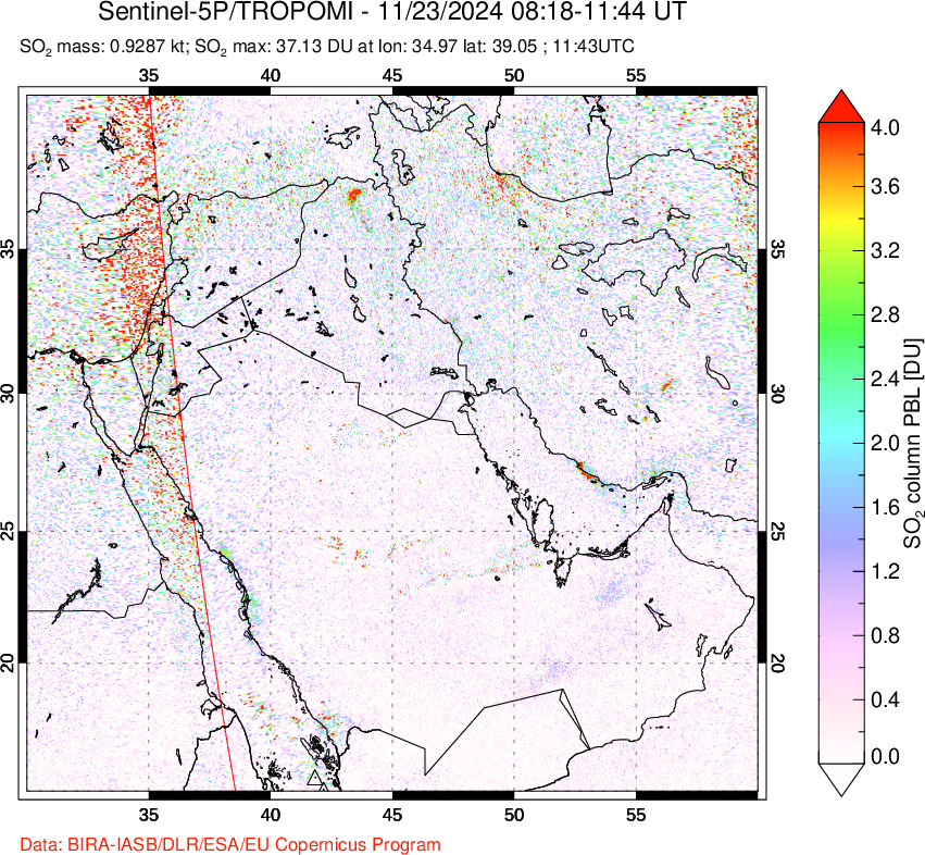 A sulfur dioxide image over Middle East on Nov 23, 2024.