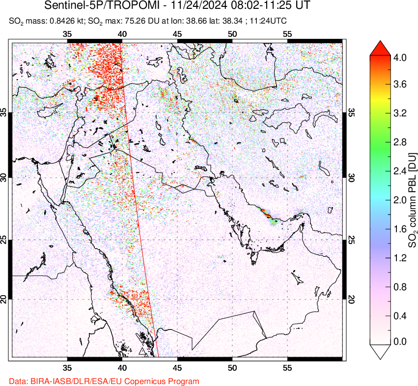 A sulfur dioxide image over Middle East on Nov 24, 2024.