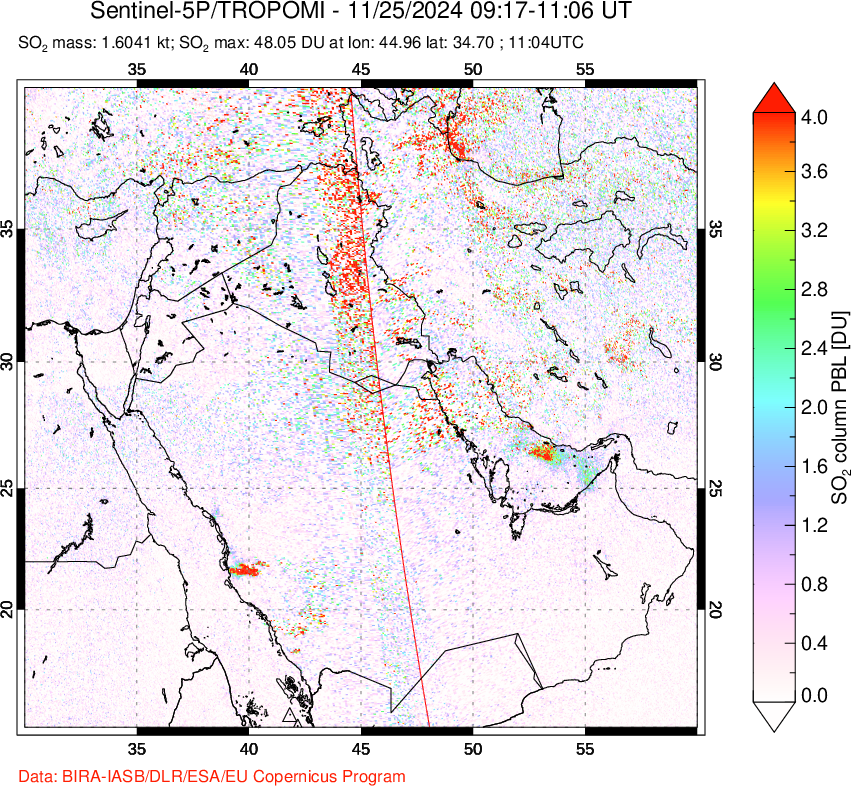 A sulfur dioxide image over Middle East on Nov 25, 2024.