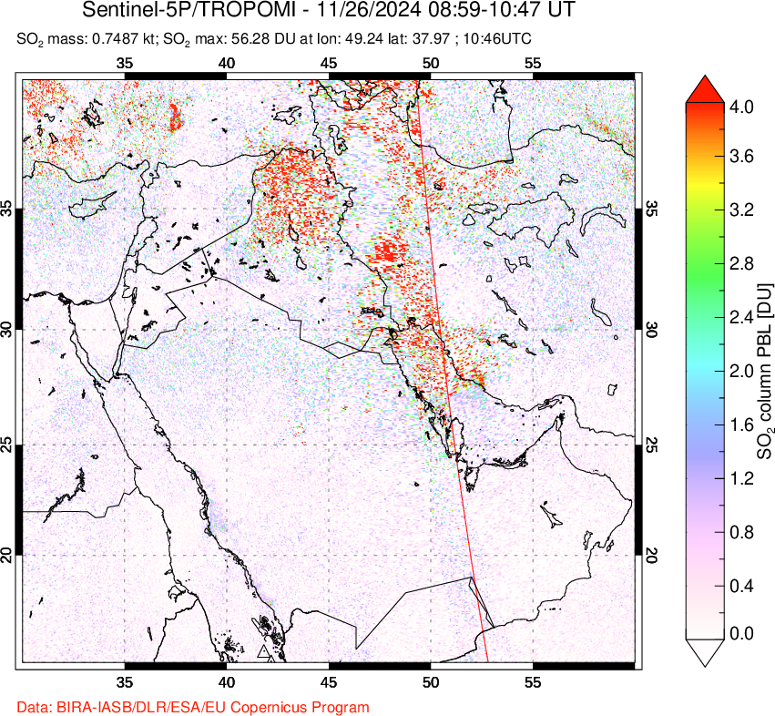 A sulfur dioxide image over Middle East on Nov 26, 2024.