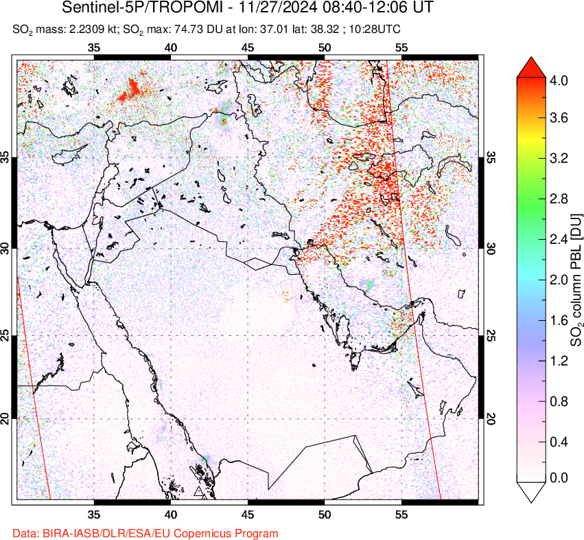 A sulfur dioxide image over Middle East on Nov 27, 2024.