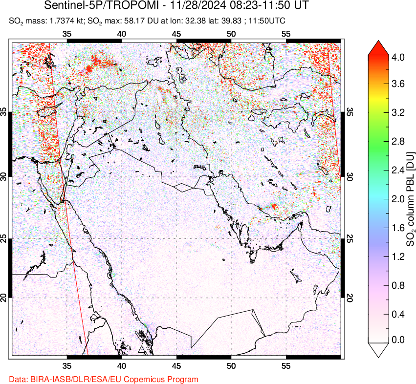 A sulfur dioxide image over Middle East on Nov 28, 2024.