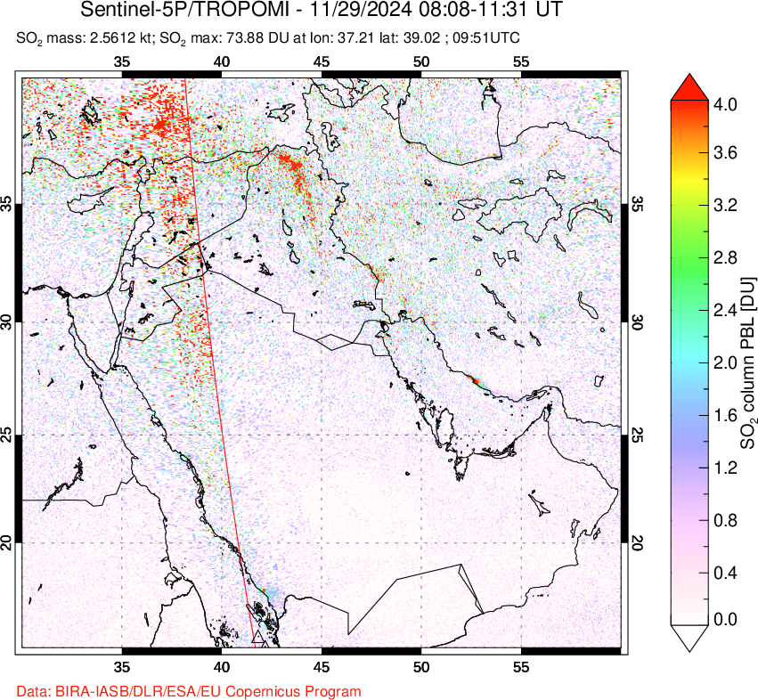 A sulfur dioxide image over Middle East on Nov 29, 2024.