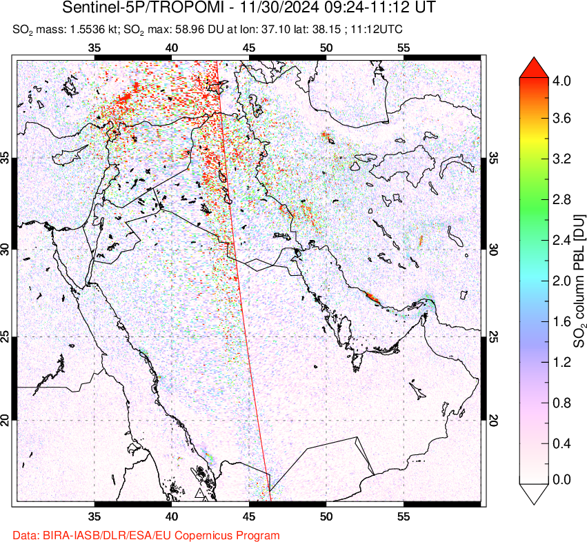 A sulfur dioxide image over Middle East on Nov 30, 2024.