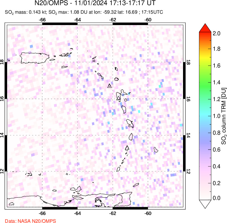 A sulfur dioxide image over Montserrat, West Indies on Nov 01, 2024.