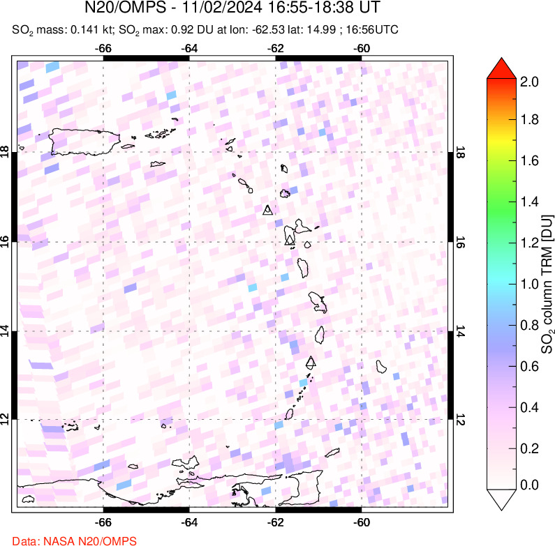 A sulfur dioxide image over Montserrat, West Indies on Nov 02, 2024.