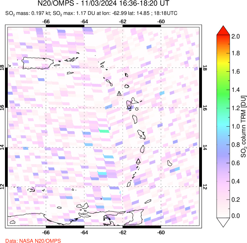 A sulfur dioxide image over Montserrat, West Indies on Nov 03, 2024.