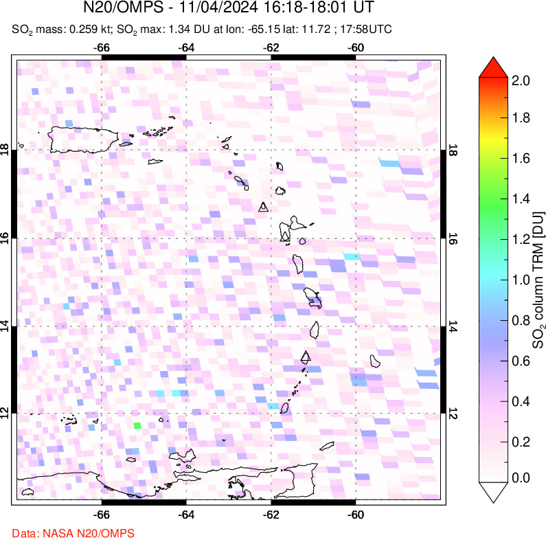 A sulfur dioxide image over Montserrat, West Indies on Nov 04, 2024.