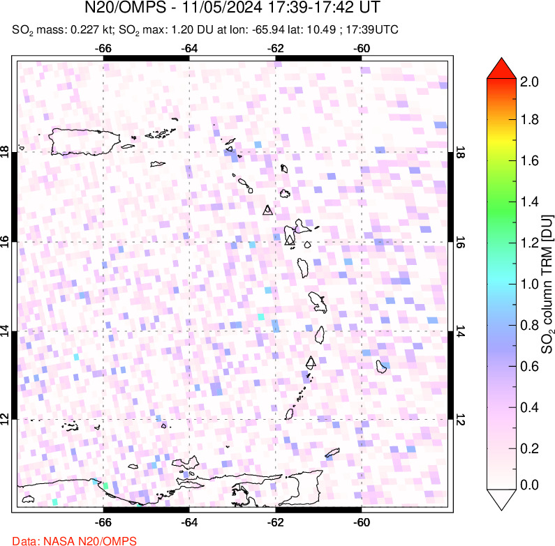 A sulfur dioxide image over Montserrat, West Indies on Nov 05, 2024.