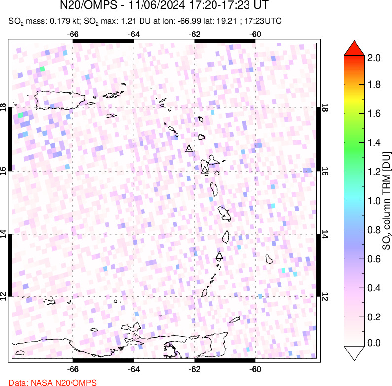 A sulfur dioxide image over Montserrat, West Indies on Nov 06, 2024.