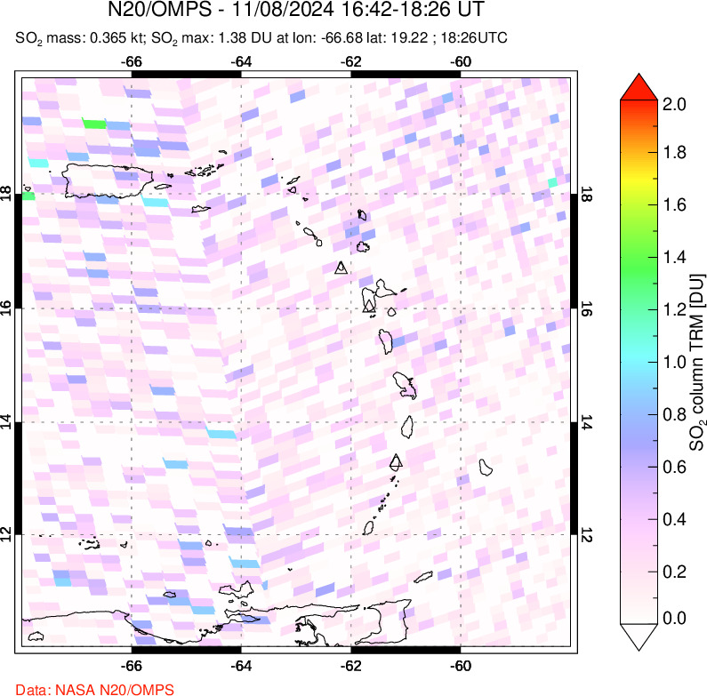 A sulfur dioxide image over Montserrat, West Indies on Nov 08, 2024.