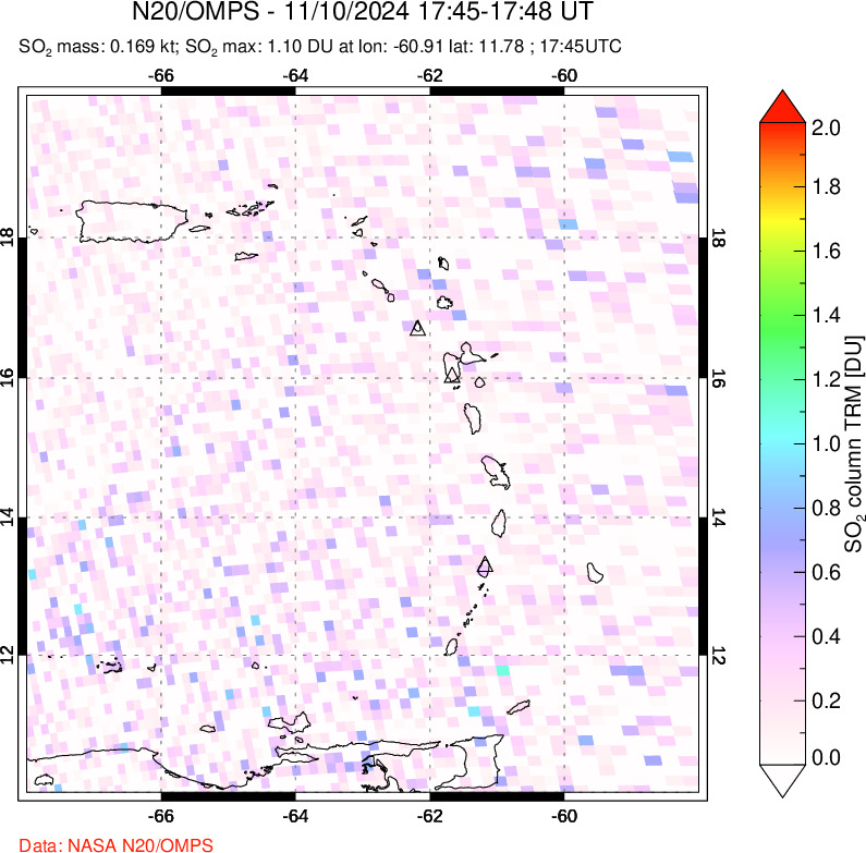 A sulfur dioxide image over Montserrat, West Indies on Nov 10, 2024.