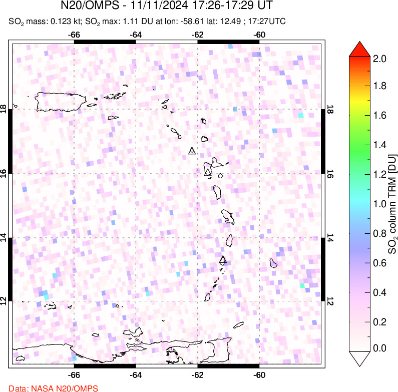 A sulfur dioxide image over Montserrat, West Indies on Nov 11, 2024.