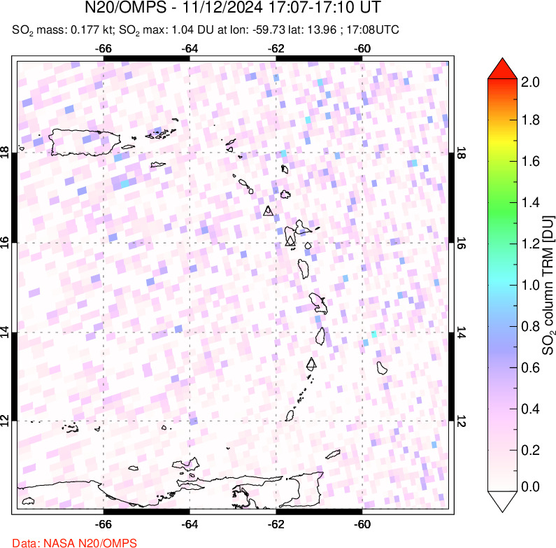 A sulfur dioxide image over Montserrat, West Indies on Nov 12, 2024.