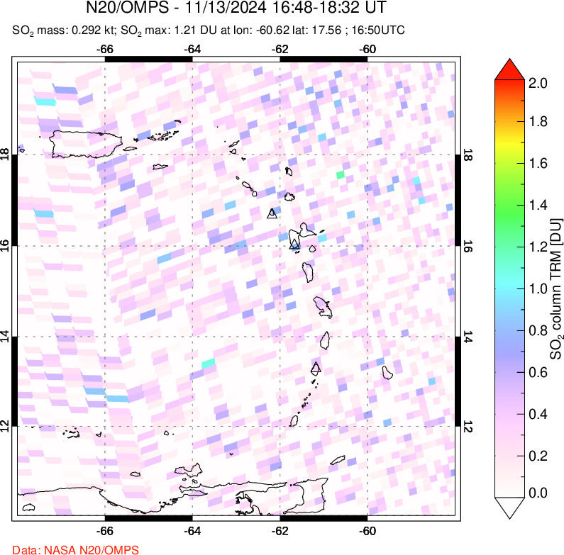 A sulfur dioxide image over Montserrat, West Indies on Nov 13, 2024.