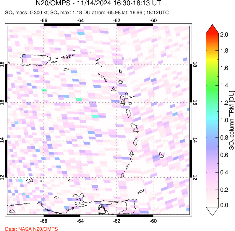 A sulfur dioxide image over Montserrat, West Indies on Nov 14, 2024.