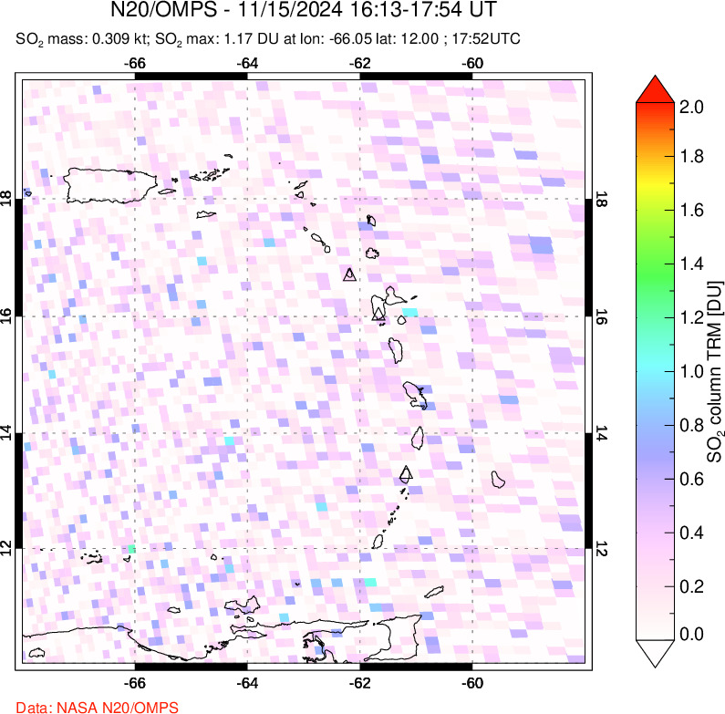 A sulfur dioxide image over Montserrat, West Indies on Nov 15, 2024.