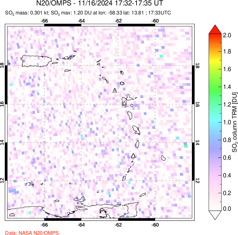 A sulfur dioxide image over Montserrat, West Indies on Nov 16, 2024.