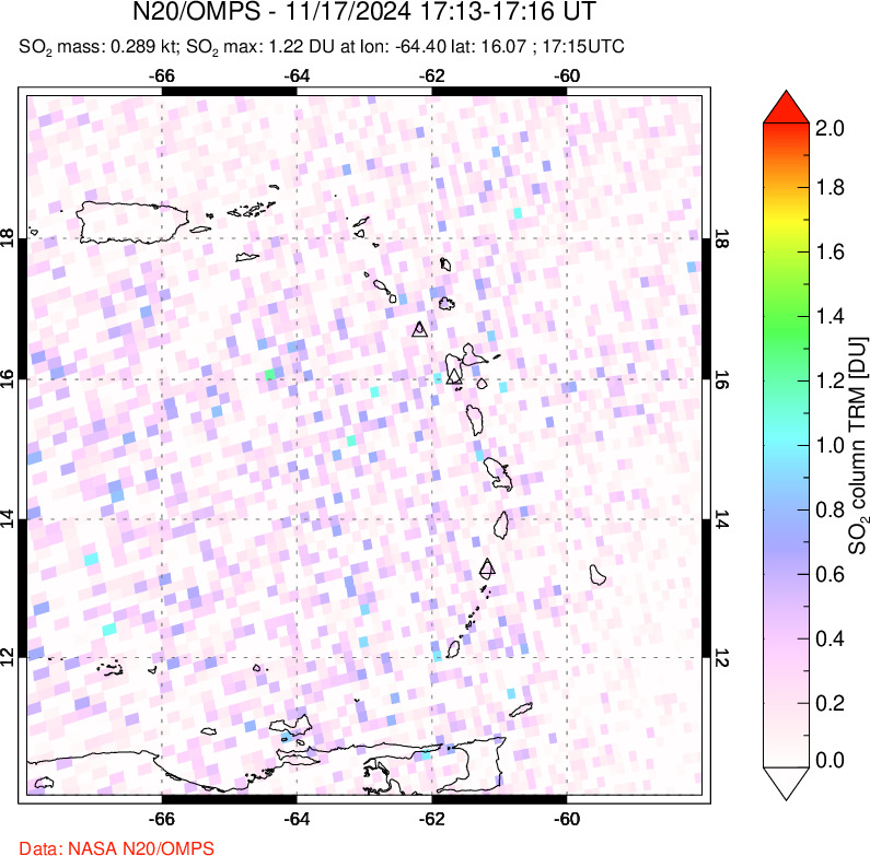 A sulfur dioxide image over Montserrat, West Indies on Nov 17, 2024.