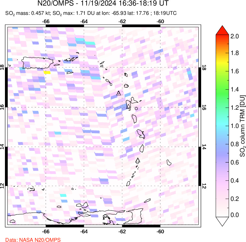 A sulfur dioxide image over Montserrat, West Indies on Nov 19, 2024.