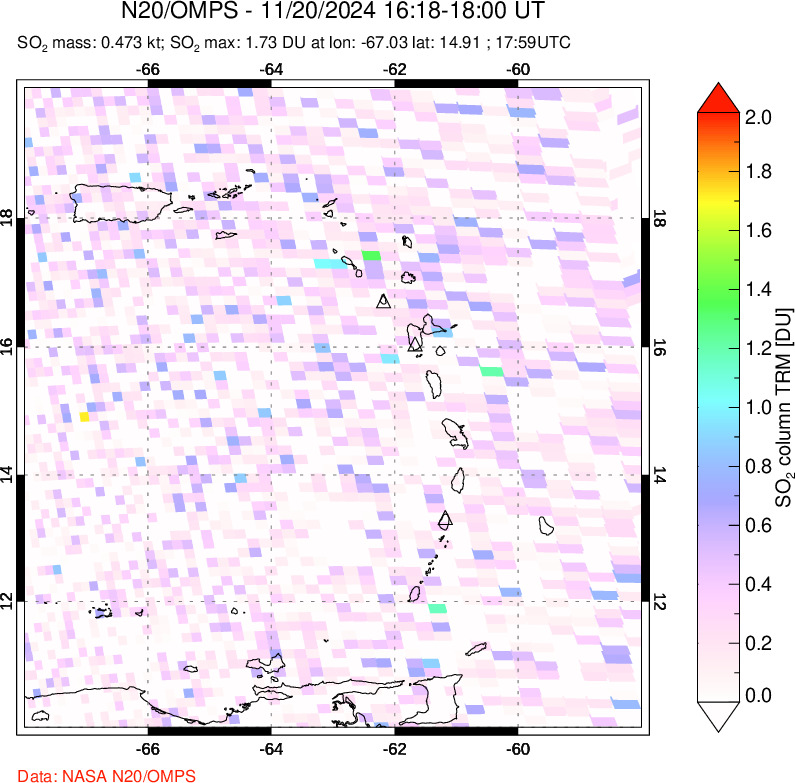 A sulfur dioxide image over Montserrat, West Indies on Nov 20, 2024.