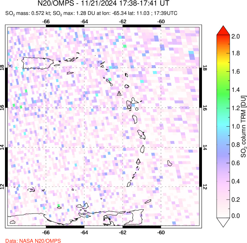 A sulfur dioxide image over Montserrat, West Indies on Nov 21, 2024.