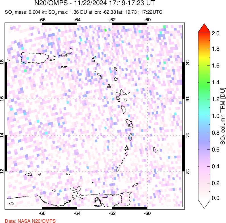 A sulfur dioxide image over Montserrat, West Indies on Nov 22, 2024.