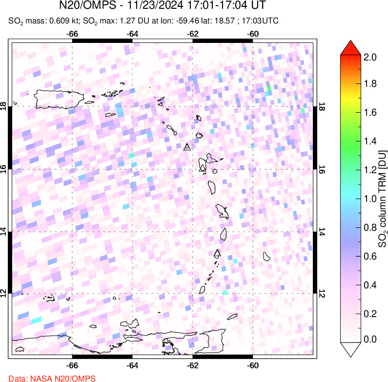 A sulfur dioxide image over Montserrat, West Indies on Nov 23, 2024.