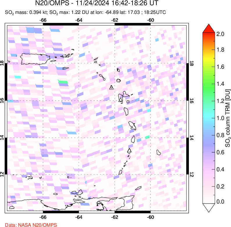 A sulfur dioxide image over Montserrat, West Indies on Nov 24, 2024.