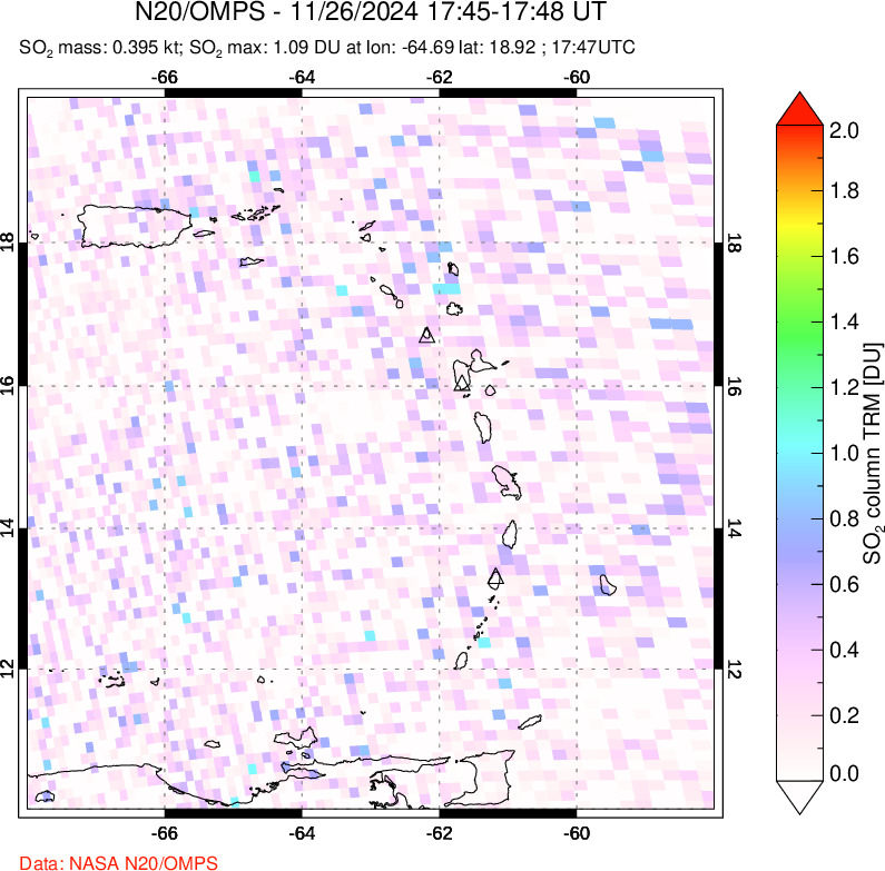 A sulfur dioxide image over Montserrat, West Indies on Nov 26, 2024.