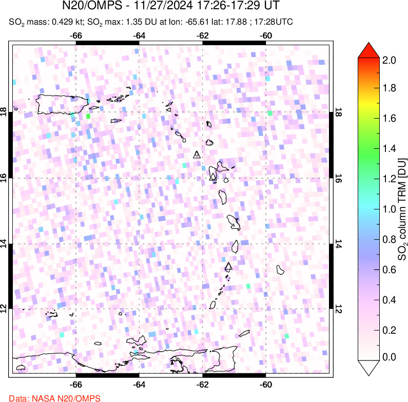 A sulfur dioxide image over Montserrat, West Indies on Nov 27, 2024.