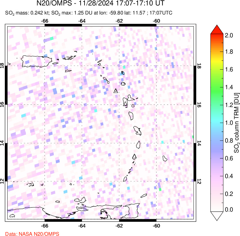 A sulfur dioxide image over Montserrat, West Indies on Nov 28, 2024.