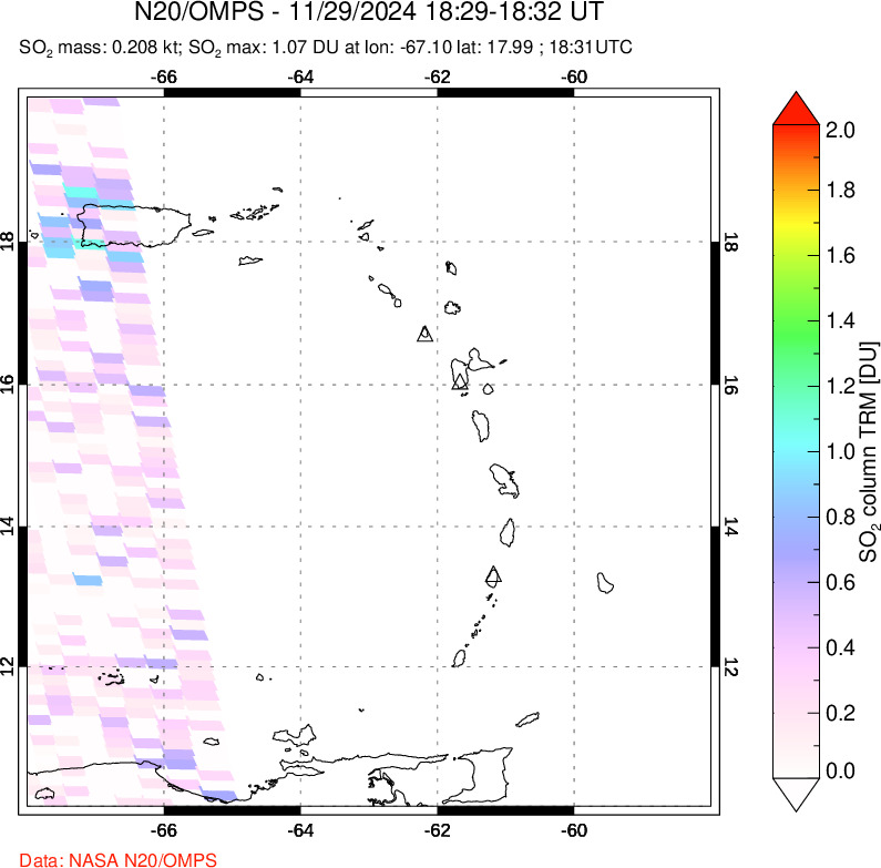 A sulfur dioxide image over Montserrat, West Indies on Nov 29, 2024.