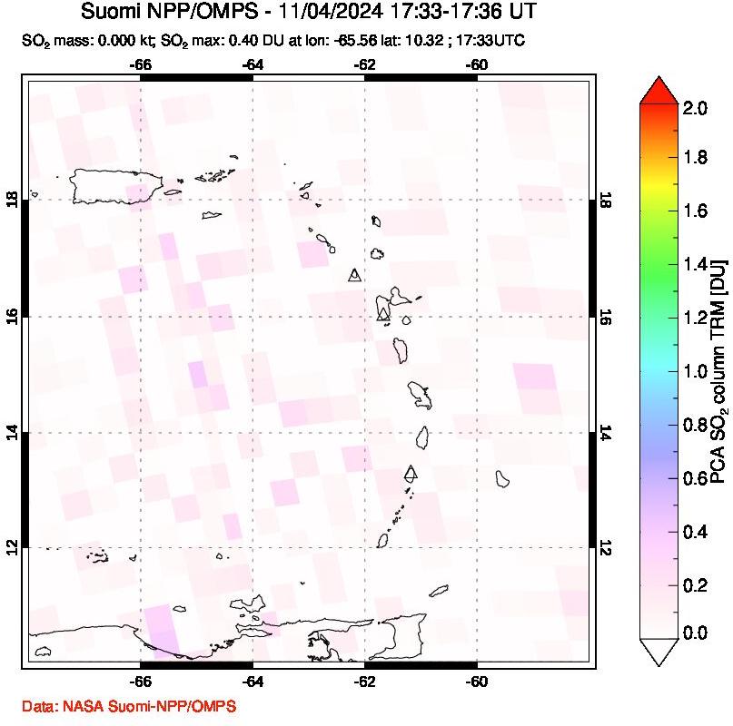 A sulfur dioxide image over Montserrat, West Indies on Nov 04, 2024.