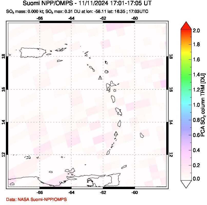 A sulfur dioxide image over Montserrat, West Indies on Nov 11, 2024.