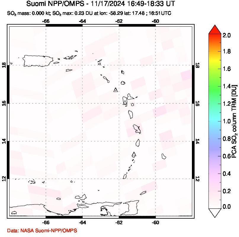 A sulfur dioxide image over Montserrat, West Indies on Nov 17, 2024.