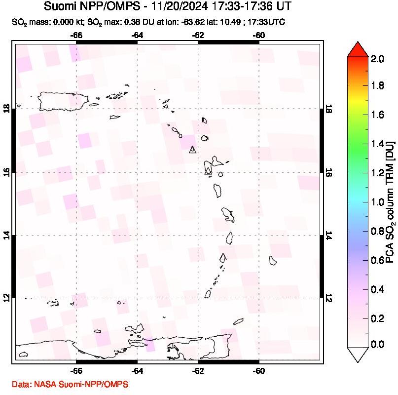 A sulfur dioxide image over Montserrat, West Indies on Nov 20, 2024.