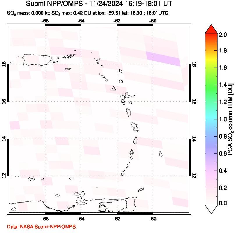 A sulfur dioxide image over Montserrat, West Indies on Nov 24, 2024.