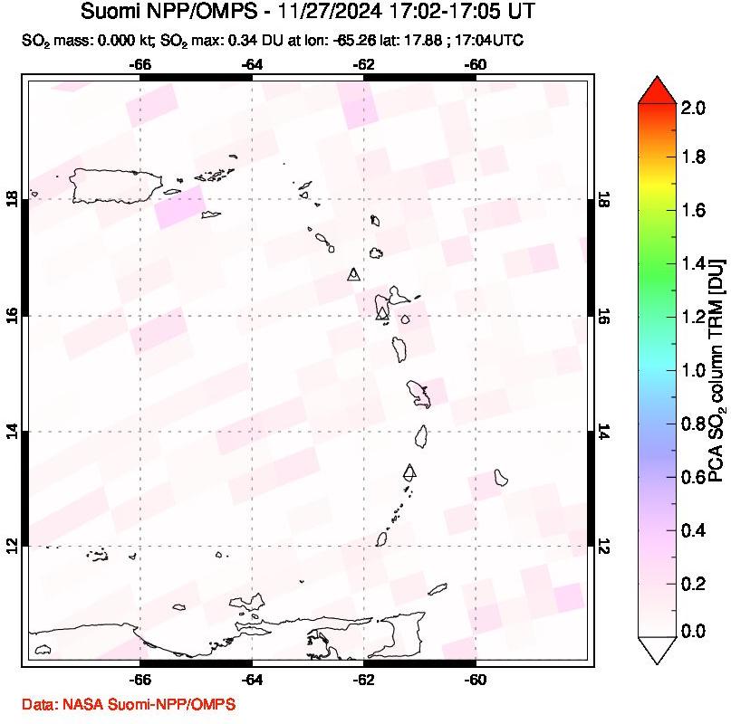 A sulfur dioxide image over Montserrat, West Indies on Nov 27, 2024.