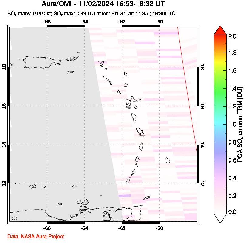 A sulfur dioxide image over Montserrat, West Indies on Nov 02, 2024.