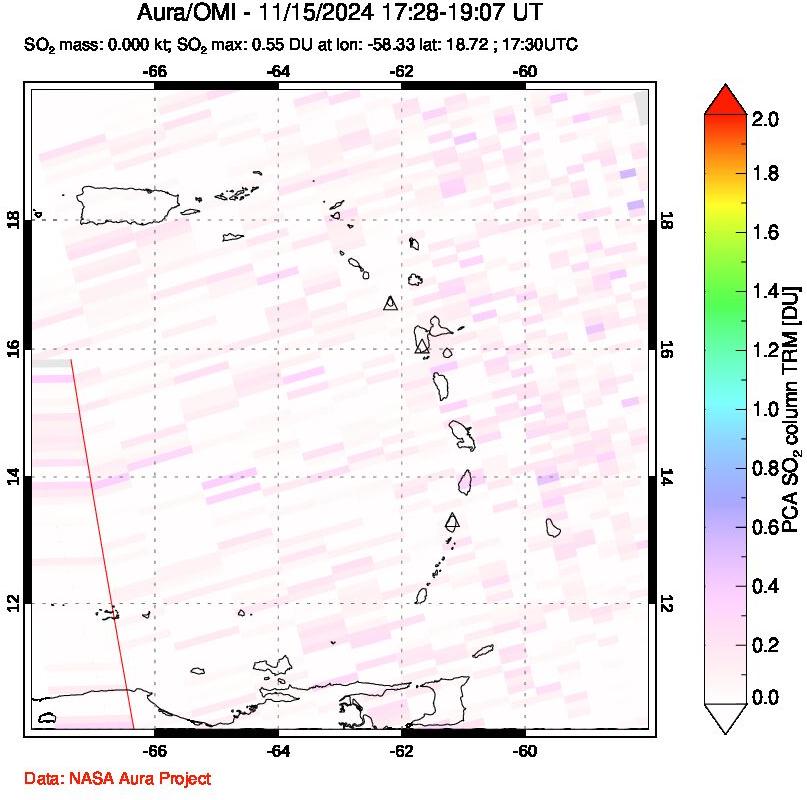 A sulfur dioxide image over Montserrat, West Indies on Nov 15, 2024.