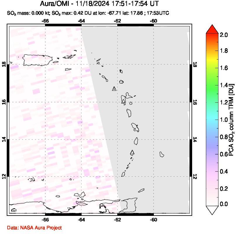 A sulfur dioxide image over Montserrat, West Indies on Nov 18, 2024.