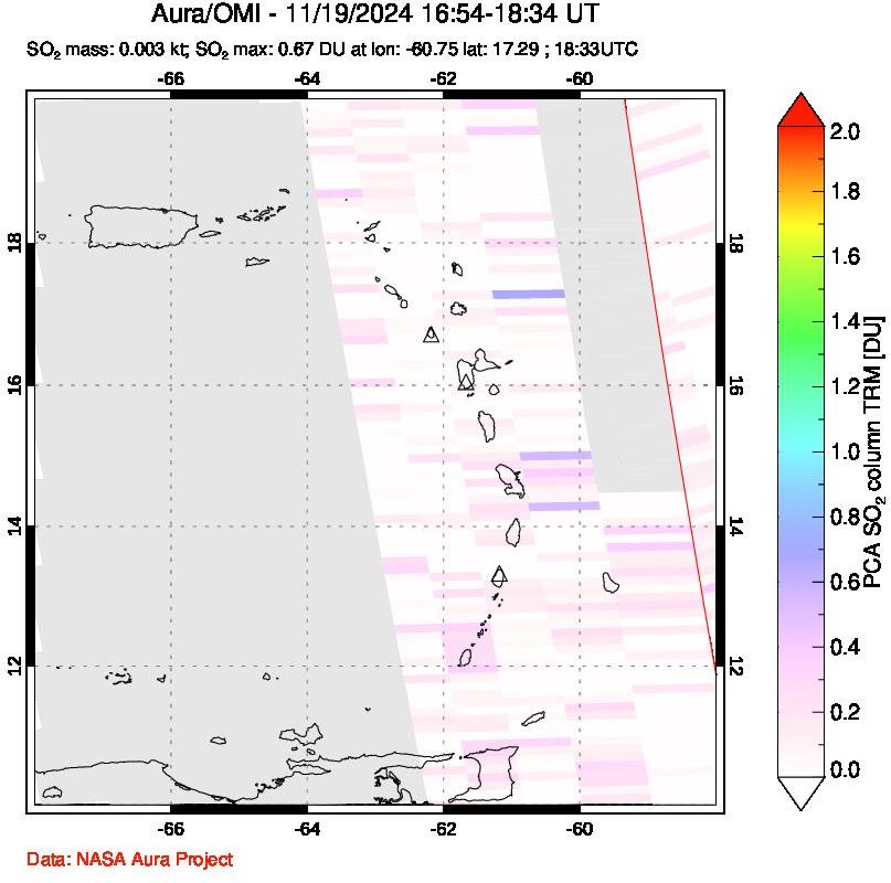 A sulfur dioxide image over Montserrat, West Indies on Nov 19, 2024.