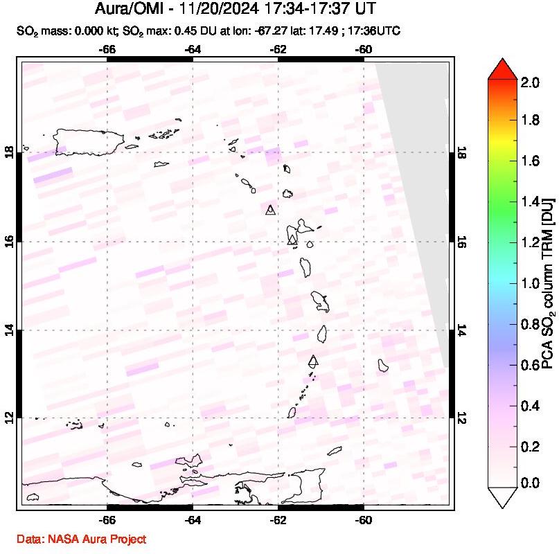 A sulfur dioxide image over Montserrat, West Indies on Nov 20, 2024.