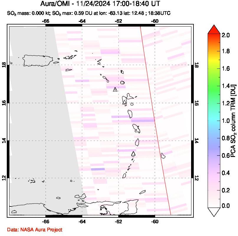 A sulfur dioxide image over Montserrat, West Indies on Nov 24, 2024.