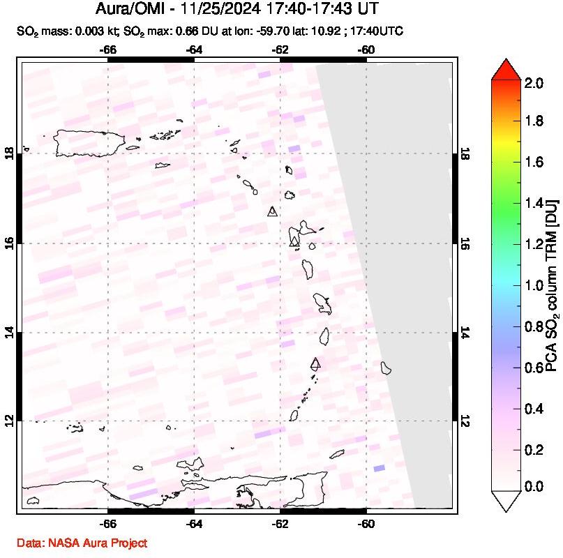 A sulfur dioxide image over Montserrat, West Indies on Nov 25, 2024.