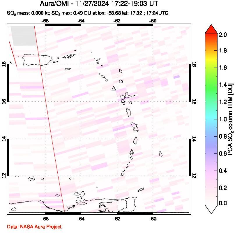 A sulfur dioxide image over Montserrat, West Indies on Nov 27, 2024.